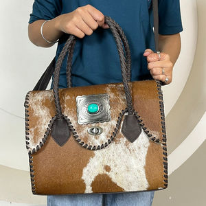 Luxurious Hair On Cowhide Genuine Leather Turquoise Concho Designer <b>Tote</b> <b>bag</b> Women Shoulder & Crossbody Handbag For Daily Use - Product Image 4