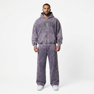 Men Acid Wash <b>Oversized</b> Zip Up Hoodie and Wide Leg <b>Sweatpants</b> Two Piece Tracksuit Set - Product Image 1