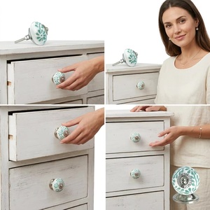 Modern Porcelain Cabinet <b>Knob</b> Round White with Green Floral Design Eco-Friendly for Kitchen and Living Room Furniture Handle - Product Image 3