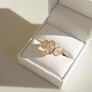 14K Yellow Gold Oval Cut Moissanite Ring 3.60CT Three <b>Stone</b> Bezel Setting Ring Classic Engagement Ring Anniversary Gift Idea - Product Image 3
