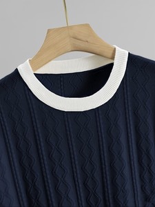 T-shirt à manches courtes en tricot pour homme, col rond, motif géométrique, bordure contrastée, coupe décontractée, bleu foncé, polyester/coton, 280g - Product Image 5