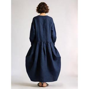 Women Navy Blue Cotton Linen Maxi <b>Dress</b> <b>Long</b> Sleeve Loose Fit Casual <b>Boho</b> Style <b>Dress</b> - Product Image 2