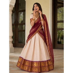 Lehenga demi-sari en coton blanc cassé style Inde du Sud avec broderie Zari, broderie ethnique en soie, taille XL, pour fêtes et usage quotidien, prix bas - Product Image 4