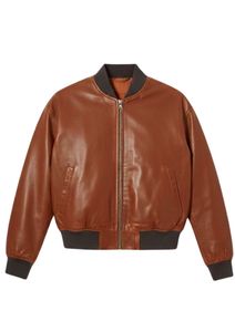 Blouson aviateur en cuir véritable pour homme, col rabattu, fermeture éclair, marron uni, coupe classique, pour l'automne - Product Image 3