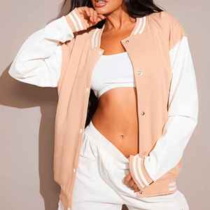 Women's Peach Varsity <b>Jacket</b> With <b>White</b> Sleeve Solid Color Preppy Style Button Up Collar Full Sleeve Regular Fit Autumn Wear - Product Image 1
