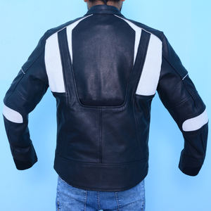 เสื้อแจ็คเก็ตหนังสำหรับขี่มอเตอร์ไซค์ สีดำขาว สำหรับผู้ชาย หนังแท้ กันหนาว ทนไฟ พร้อมแผ่นป้องกันแบบถอดได้ - Product Image 6