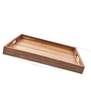Plateau de service en bois d'acacia écologique Lot de 2 modèles rectangulaires avec poignées découpées pour le petit déjeuner, le thé, le café ou la table à manger - Product Image 6