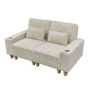 Acogedor Sofá de Dos Plazas de Pana con Asientos Profundos, Portavasos de Acero Inoxidable y 2 Cojines Decorativos para Sala de Estar - Product Image 1