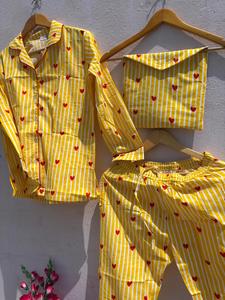 Women Cotton Pajama <b>Set</b> Yellow Stripe Heart Print Nightwear With Pouch Button Down Sleepwear Soft Breathable <b>Lounge</b> <b>Set</b> - Product Image 5