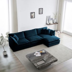 Divano Componibile Modulare a L Oversize in Ciniglia Blu con Pouf Reversibile per Soggiorno - Product Image 2