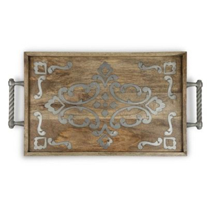 Bandeja de Servir Artesanal de Madera de Mango con Incrustaciones Metálicas Ornamentales y Asas, Decoración Marroquí Elegante para el Hogar - Product Image 1
