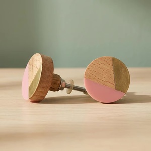 Round Wood Cabinet Knob with Pink Resin and Brass Inlay Minimalist Design for Kitchen Furniture Handle - Product Image 1