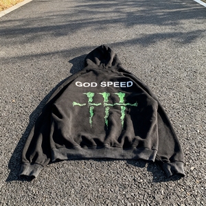 Sudaderas con capucha y cremallera unisex de algodón suave con estampado de fuente japonesa, lavado ácido, efecto desgastado por el sol, estilo clásico oversize, streetwear, God Speed - Product Image 2
