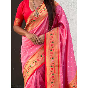 ผ้าไหมฟิวชั่นสีชมพูอ่อน แบบซารี ทอแบบซารี  ลายแบนดานี  แบบไพธานี  เสื้อผ้าอินเดียและปากีสถาน  งานทอระดับพรีเมียม  650 กรัม - Product Image 2