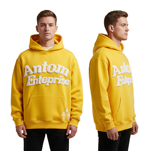 Sweat à capuche jaune pour homme, personnalisé avec impression en relief, en molleton épais, broderie de lettres en mousse, coupe oversize, style streetwear, sweat-shirt vierge - Product Image 3