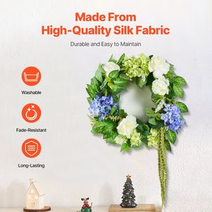 23 pollici di ortensie e rose bianche verdi artificiali blu per tutto l'anno ghirlanda decorativa malloppo - Product Image 3