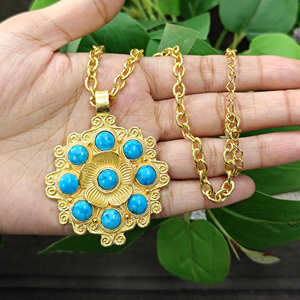 Bohemian jewelry multi blue turquoise gemstone floral design pendant solid brass 18k gold plated oval link chain women <b>necklace</b> - Product Image 4