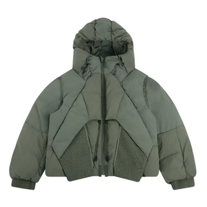 Men's Olive Green Hooded Puffer <b>Jacket</b> Casual Windproof <b>Thick</b> Polyester <b>Fleece</b> Short Loose Fit Zipper Closure Winter Wear - Product Image 1