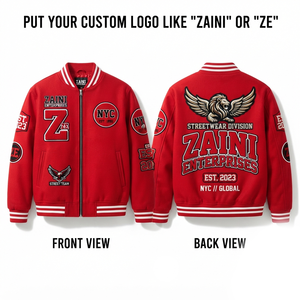Premium 320 GSM Cotton Fleece <b>Red</b> Mens Bomber <b>Jacket</b> Windproof <b>Hooded</b> Winter Custom Chenille Embroidery Logo Streetwear - Product Image 1