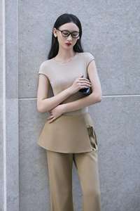Pantalon large anti-rides Vietnam KQ24 avec jupe superposée / Pantalon-jupe uni en tissu peigné teint - Product Image 2