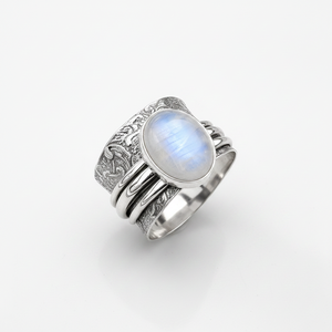 Natural Rainbow Moonstone <b>Ring</b> Vintage Wide Band Silver Plated Bohemian Jewelry for unisex - Product Image 6