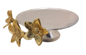 Luxury Silver Metal Cake Stand with Gold Flower Accents Elegant Round Aluminum Pedestal Cupcake Pastry Display Platter - Product Image 1