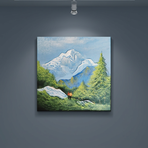 Pintura Acrílica Hecha a Mano de Paisaje Montañoso sobre Lienzo con Excursionistas, Estilo Bohemio/Natural Moderno, Enmarcado con Pinza, Escena de Montaña - Product Image 1
