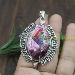 <b>Pink</b> Copper Turquoise Pendant 925 Sterling Silver Handmade Oval Boho Statement Jewelry Vintage Ethnic Designer Gift for Unisex - Product Image 6