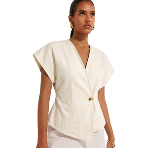 Blusa Casual de Verano para Mujer, Estilo Envolvente con Botones, Cuello en V, Manga Corta, Denim Lavado Color Marfil, Elegante, Corte Regular, para Oficina, Uso Diario - Product Image 5