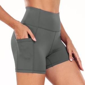 Shorts de sport pour femmes à taille haute, couleur unie, avec poches, respirants, en tricot, en spandex et polyester, coupe régulière - Product Image 3