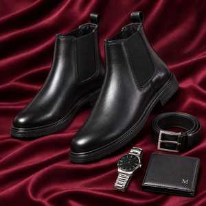 Bottes Chelsea noires pour hommes en cuir véritable avec empeignes élastiques, bout rond, à enfiler, semelle extérieure en TPR, pour l'hiver, l'été et l'automne, décontractées - Product Image 1