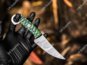 มีดแค้มปิ้งเหล็กดามัสกัสทรงดรอปพอยต์คมกริบ พร้อมปลอกหนังอเนกประสงค์ลายไม้แกะสลัก  OEM/ODM - Product Image 6