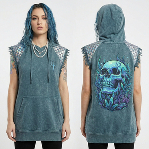 Women 400GSM Sleeveless Teal Wash Hoodie Mermaid <b>Scale</b> Shoulder Detail Sea Skull Graphic Oversized Muscle Tank Top Supplier - Product Image 1
