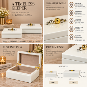 Ivory White Glass Jewelry Storage Box with <b>Gold</b> Sphere Handle Glossy Finish Soft Lining Decorative Keepsake and Vanity Organizer - Product Image 6