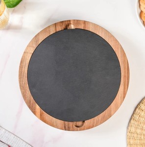 Round Acacia Wood Cheese Board with Slate Serving Surface and Hidden Cheese <b>Knife</b> Set Dishwasher <b>Safe</b> Decorative - Product Image 2