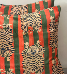 <b>Orange</b> and Green Velvet Cushion Covers with Tiger Print Stripes Decorative <b>Throw</b> Pillows for Sofa and Home Decor Living Room - Product Image 1
