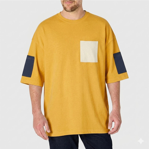 T-shirt Homme Col Rond Manches Courtes Coupe Ample Couleur Unie Bordure Contrastante 100% Coton Jersey Tricoté Coupe Décontractée Délavé à l'Acide - Product Image 1