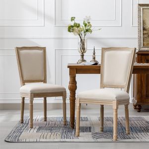 Ensemble de 2 chaises de salle à manger à dossier carré en tissu lin avec structure en bois massif de style français, couleur crème - Product Image 1