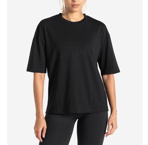Camiseta de Manga Corta para Mujer, Cuello Redondo, Color Negro Sólido, Talla Grande, Corte Holgado, Tejido de Punto, Largo Regular, Transpirable, para Todas las Temporadas - Product Image 3