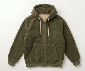 Veste à capuche en polaire vert olive pour homme, fermeture éclair, style décontracté, vêtement d'automne, coupe classique, doublure en sherpa, épaisse et chaude - Product Image 1