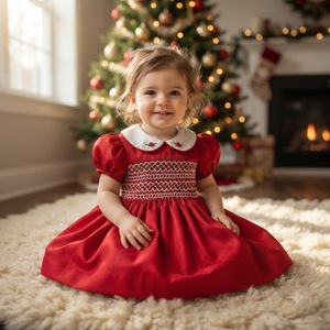 Vestido de Bebé en Capas, Transpirable, Ecológico, Hasta la Rodilla, con Cuello Peter Pan, Manga Abullonada, Adorable, Navideño, con Bordado a Mano, ODM - Product Image 1