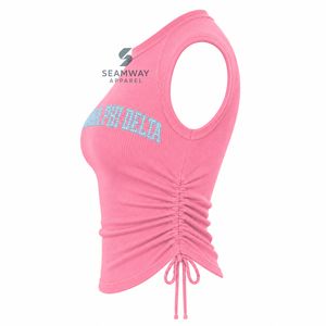 Gamma Phi Delta Sorority Women's Bling Rhinestone Ribbed Tank <b>Top</b> Ruched Side Crew Neck <b>Raglan</b> Cap Sleeve Casual Crop <b>Top</b> - Product Image 3