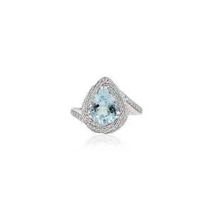 Anillo de Cóctel de Alta Calidad con Diseño Moderno, Corte Pera, Aguamarina y Doble Halo de Diamantes, Piedra de Nacimiento de Marzo, Joyería de Oro Blanco de 18K - Product Image 1