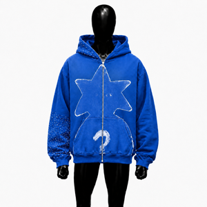 Sudadera con capucha y cremallera completa con estampado gráfico Blue Star, estilo oversize, streetwear unisex, vintage, con efecto desgastado, informal, para otoño. - Product Image 1