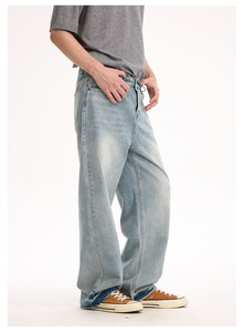 Jeans OEM 100% Coton Lavé Effet Vieilli Coupe Droite Bleu Clair Denim Brut Unisexe Basique Polyvalent Coupe Décontractée - Product Image 6
