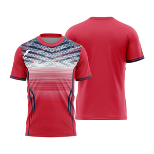 Camiseta de Fútbol Personalizada Sublimada para Hombre, Cuello Redondo, Manga Corta, Estampado Geométrico Rojo, Absorbe la Humedad, Corte Regular, Ligera, 100% - Product Image 1