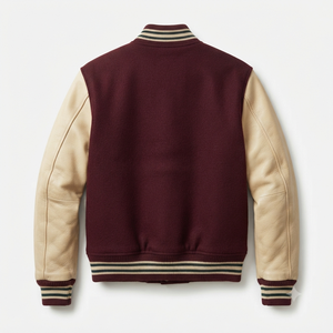 <b>Men's</b> Maroon Varsity <b>Jacket</b> With Cream <b>Leather</b> Sleeves And Shield Patch Preppy Style Turn-down Collar Button Closure Autumn Wear - Product Image 2