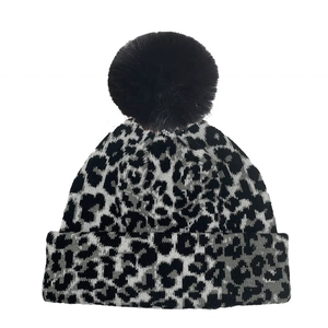 Unisex <b>Leopard</b> <b>Print</b> Beanie <b>Hat</b> With Pom Pom Winter Warm Cap Casual Style For Adults Head Circumference - Product Image 5