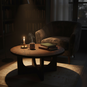 Table basse ronde moderne en bois d'hévéa durable et placage de chêne MDF KD avec design décoratif, garantie 1 an - Product Image 6