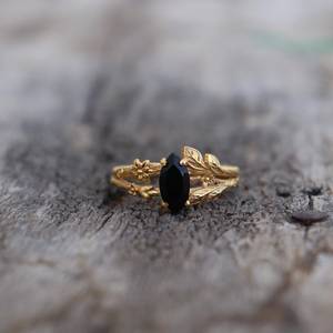 Black Onyx <b>Leaf</b> Marquise Ring 925 Sterling <b>Silver</b> 14K Gold Plated Celestial Wedding Dainty Gift For Her - Product Image 1